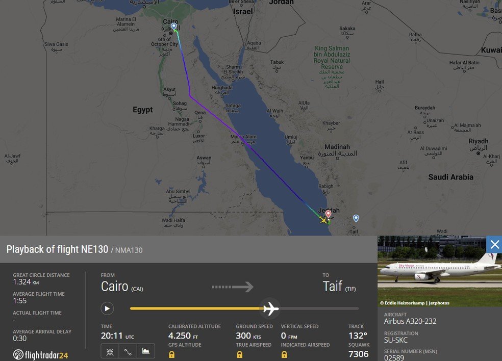 Trajetória do Airbus A320, que fez pouso de emergência na Arábia Saudita após piloto morrer a bordo — Foto: Reprodução/FlightRadar24