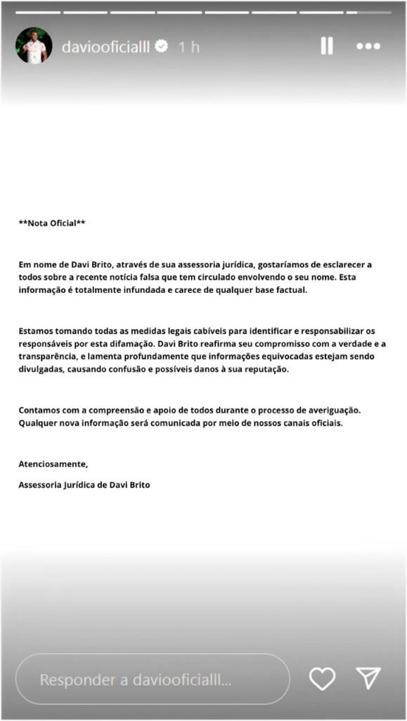 Davi Brito se manifesta após Tamires Assis afirmar ter sido ameaçada com arma de fogo 2 Davi Brito se manifesta após Tamires Assis afirmar ter sido ameaçada com arma de fogo